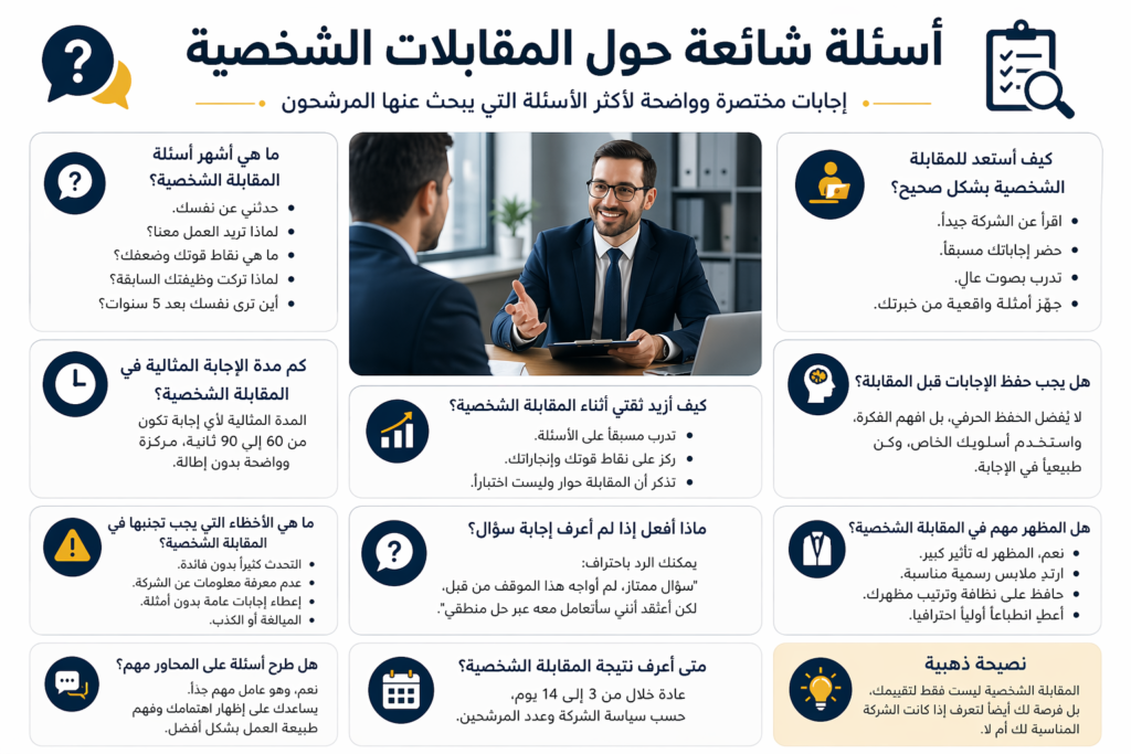 أهم 10 أسئلة في المقابلة الشخصية مع الإجابات النموذجية (دليل شامل 2026) - صورة 1