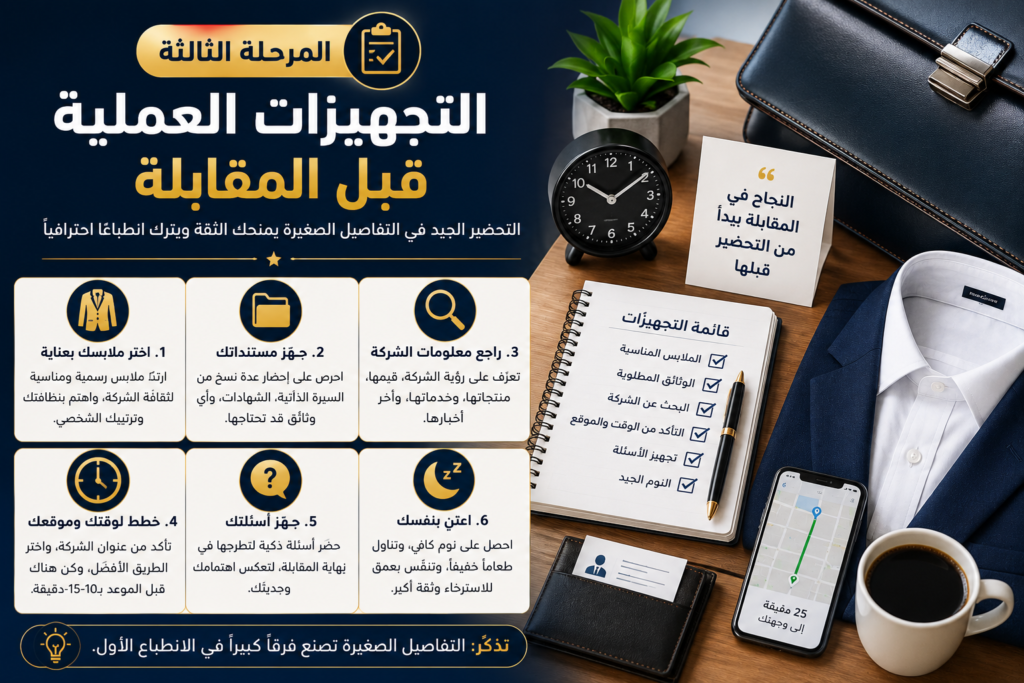 المرحلة الثالثة: التجهيزات العملية قبل المقابلة