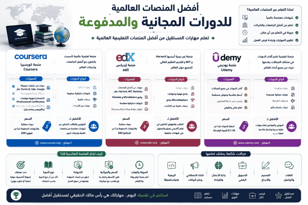 أفضل المنصات العالمية للدورات المجانية والمدفوعة